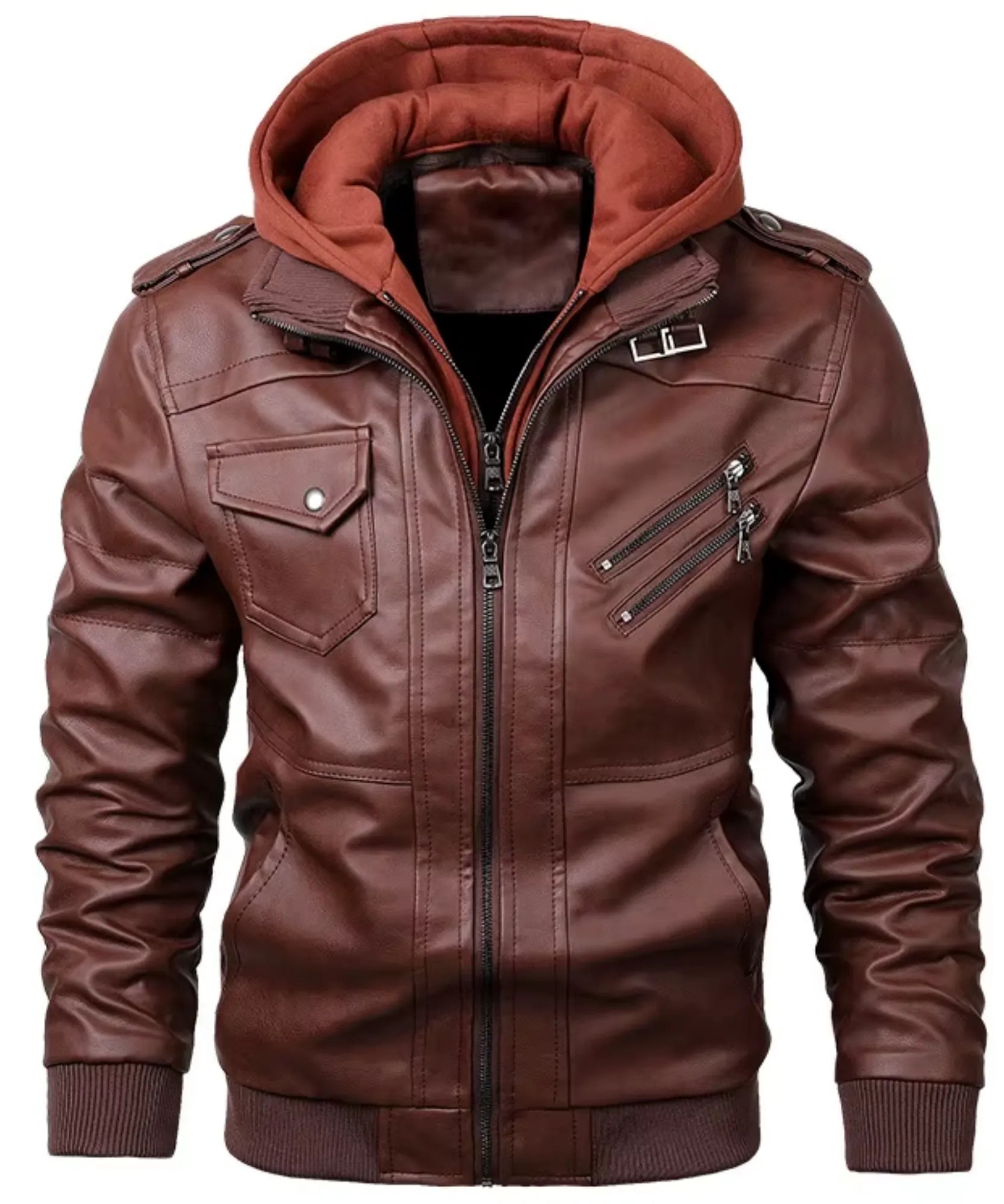 Comprar jaqueta de couro masculina com capuz bomber resistente duplo zíper inverno motoqueiro em promoção ANELLIMN