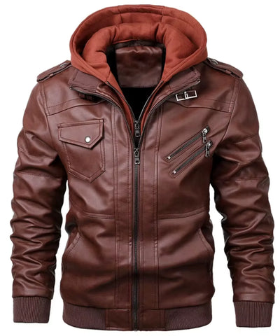 Comprar jaqueta de couro masculina com capuz bomber resistente duplo zíper inverno motoqueiro em promoção ANELLIMN