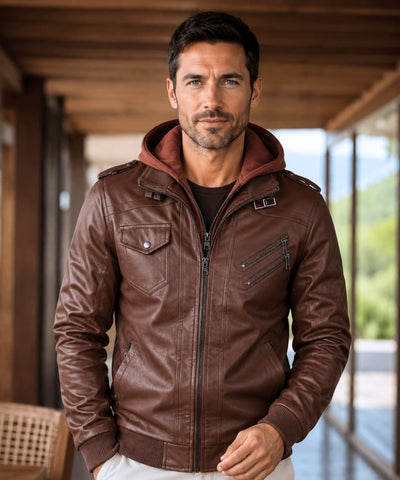 Comprar jaqueta de couro masculina com capuz bomber resistente duplo zíper inverno motoqueiro em promoção ANELLIMN