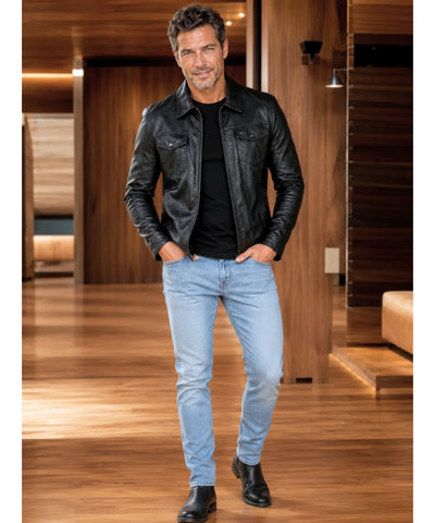 Comprar jaqueta couro masculina preta motoqueiro premium sintético estilo rock casual barato em promoção ZARA