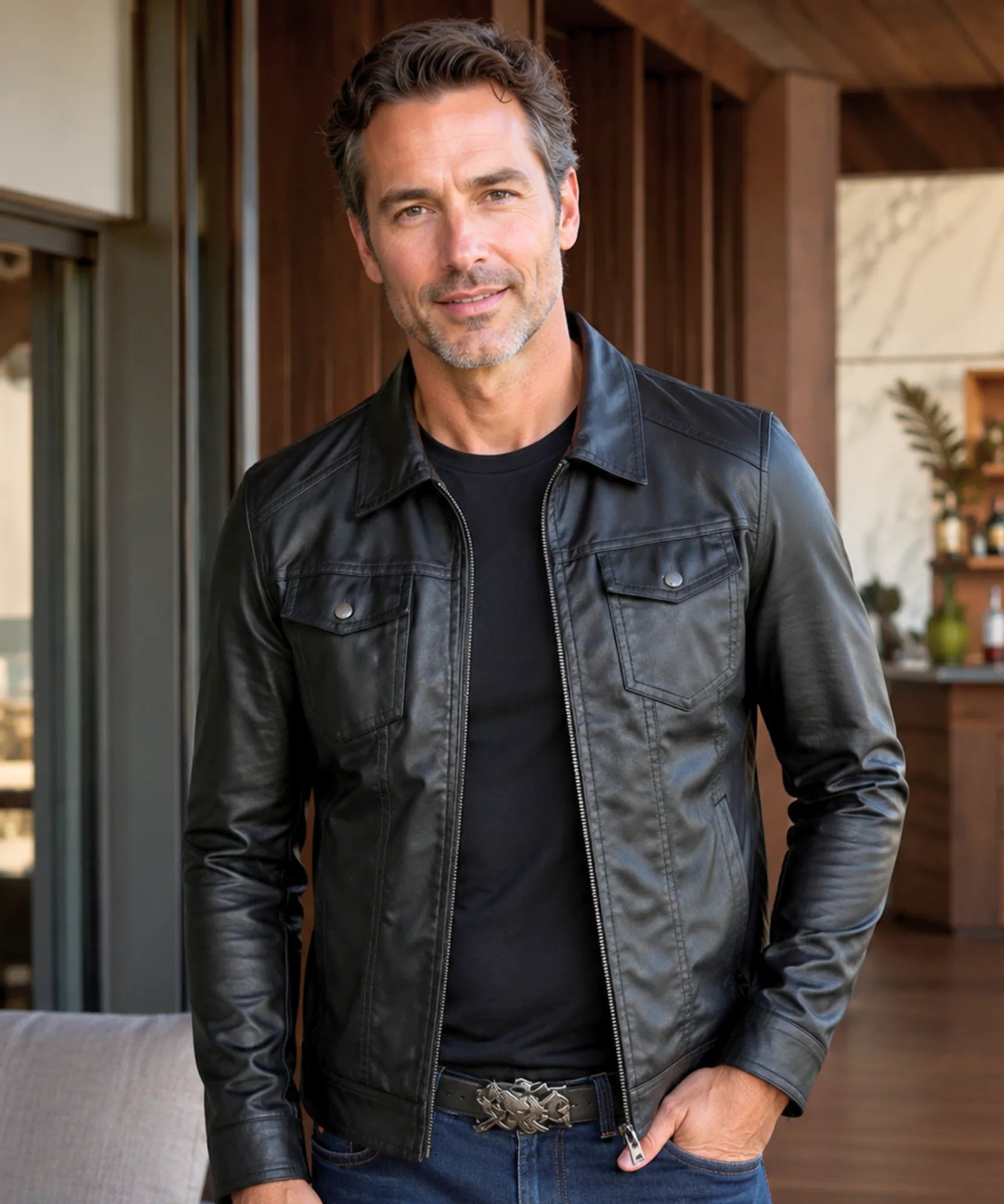 Comprar jaqueta couro masculina preta motoqueiro premium sintético estilo rock casual barato em promoção ZARA