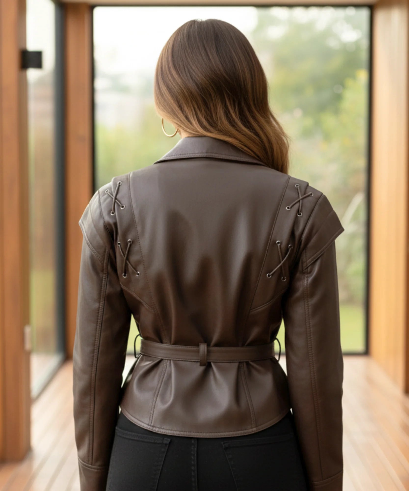 Comprar jaqueta de couro feminina com cinto amarração ilhós ombros estruturados biker preto marrom em promoção ZARA