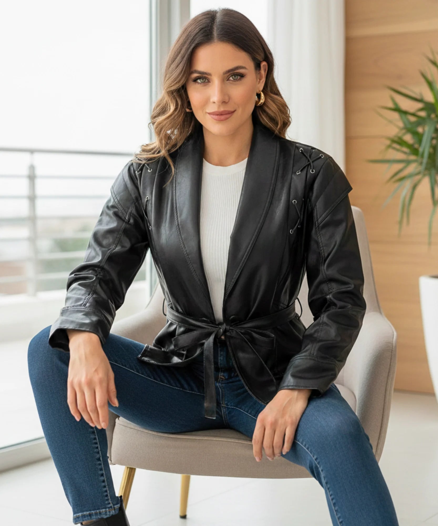 Comprar jaqueta de couro feminina com cinto amarração ilhós ombros estruturados biker preto marrom em promoção ZARA
