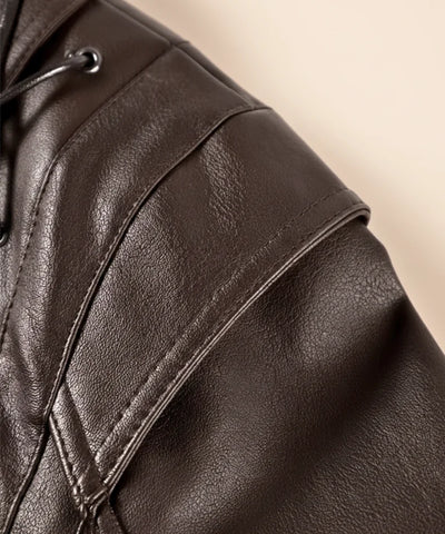Comprar jaqueta de couro feminina com cinto amarração ilhós ombros estruturados biker preto marrom em promoção ZARA