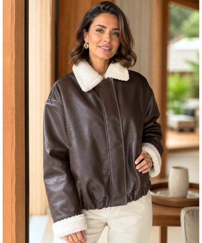 Comprar jaqueta de couro feminina couro ecológico forro pelo sintético gola pelúcia oversized inverno barata em promoção Anellimn