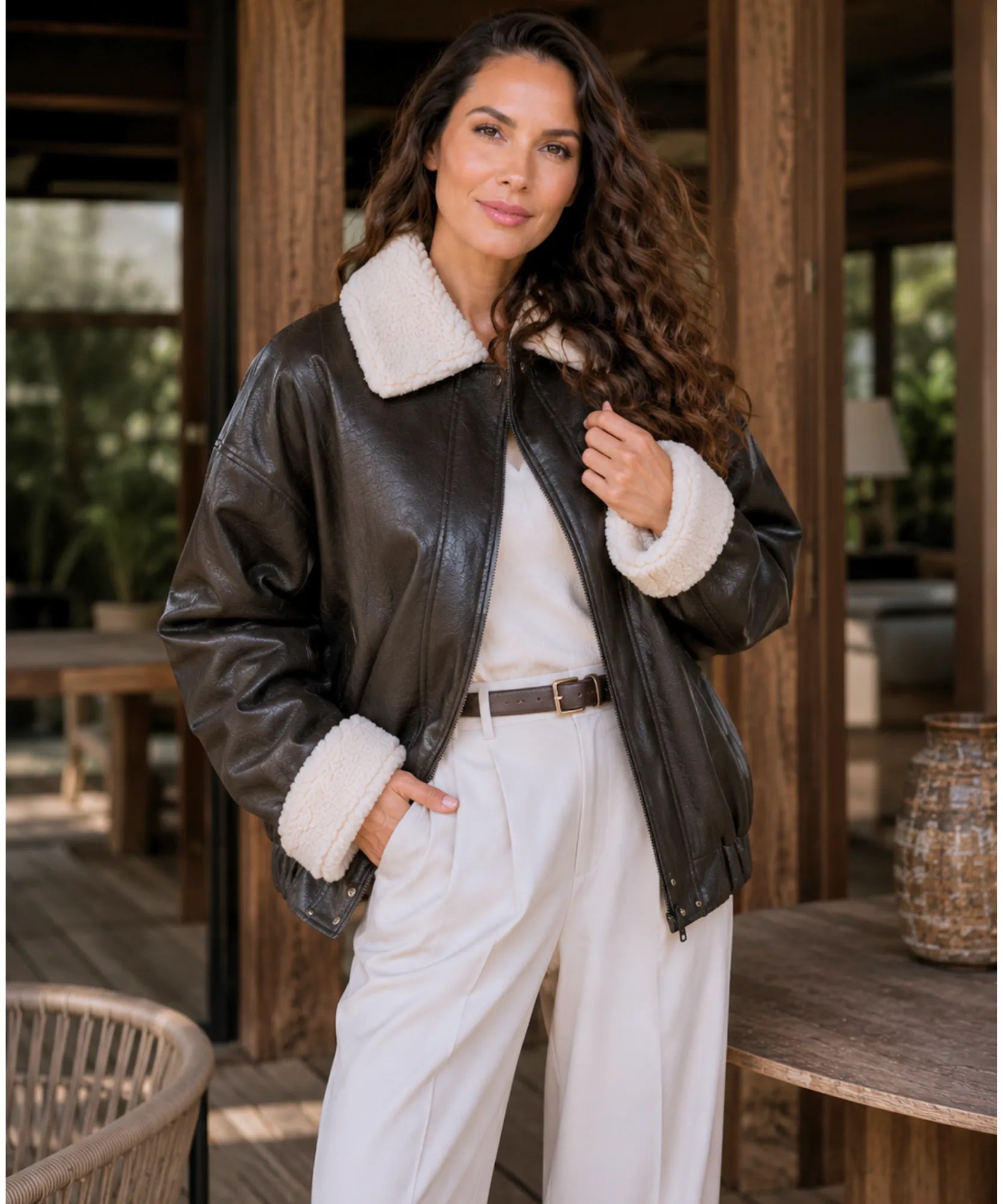 Comprar jaqueta de couro feminina couro ecológico forro pelo sintético gola pelúcia oversized inverno barata em promoção Anellimn