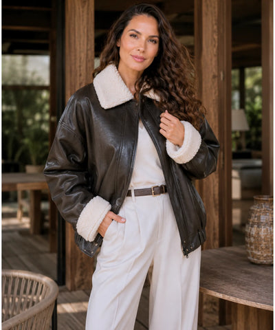 Comprar jaqueta de couro feminina couro ecológico forro pelo sintético gola pelúcia oversized inverno barata em promoção Anellimn