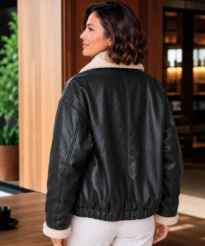 Comprar jaqueta de couro feminina couro ecológico forro pelo sintético gola pelúcia oversized inverno barata em promoção Anellimn