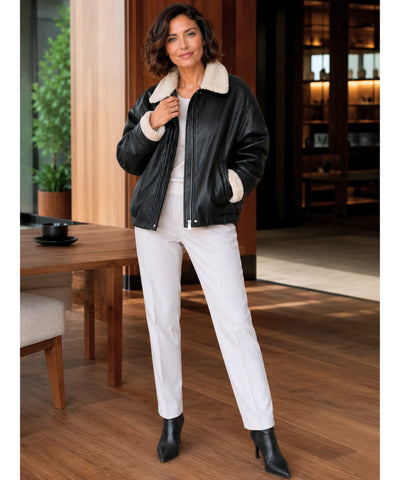 Comprar jaqueta de couro feminina couro ecológico forro pelo sintético gola pelúcia oversized inverno barata em promoção Anellimn