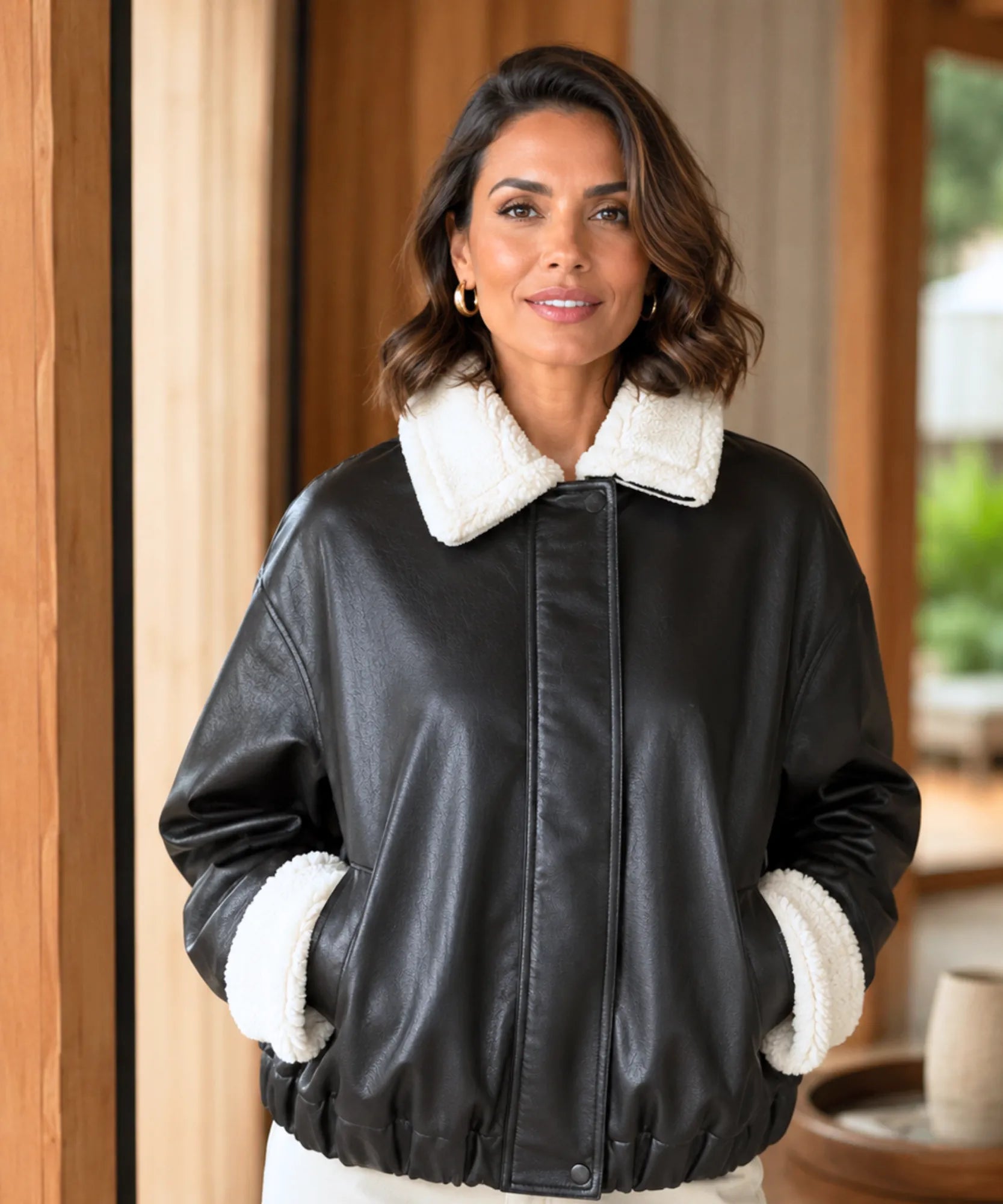 Comprar jaqueta de couro feminina couro ecológico forro pelo sintético gola pelúcia oversized inverno barata em promoção Anellimn