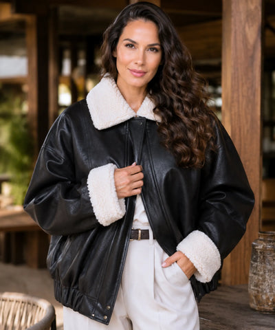 Comprar jaqueta de couro feminina couro ecológico forro pelo sintético gola pelúcia oversized inverno barata em promoção Anellimn
