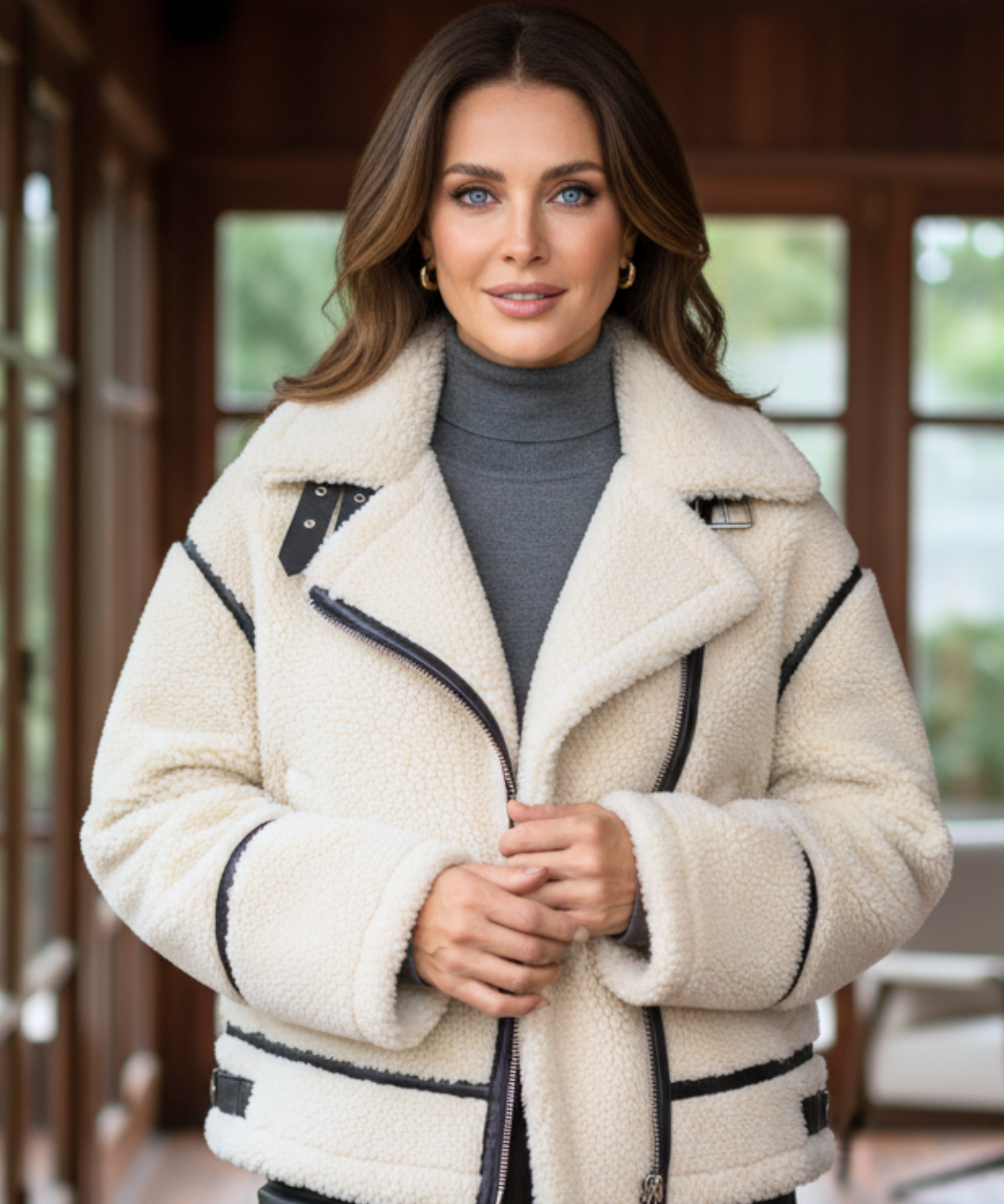 Comprar Jaqueta feminina de inverno com forro peluciado e detalhe em couro sintético com gola alta barato ZARA