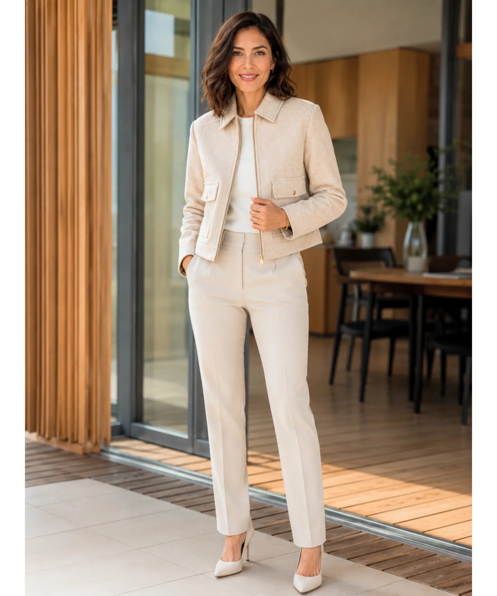 Comprar jaqueta feminina de lã batida com zíper dourado e bolsos frontais estilosos para dias frios com elegância barato em promoção ANELLIMN