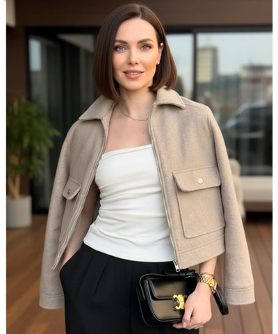 Comprar jaqueta feminina de lã batida com zíper dourado e bolsos frontais estilosos para dias frios com elegância barato ZARA

