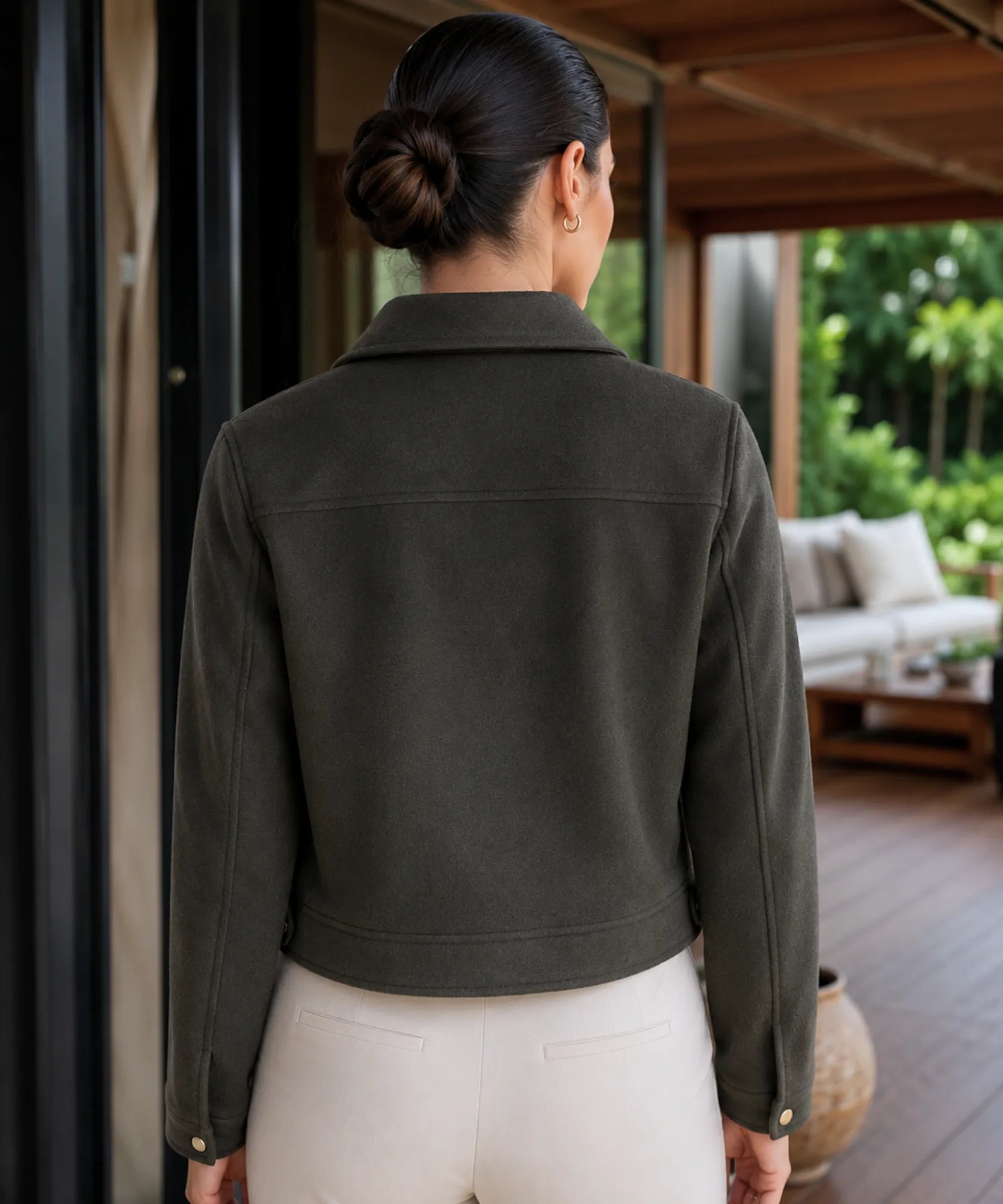 Comprar jaqueta feminina de lã batida com zíper dourado e bolsos frontais estilosos para dias frios com elegância barato em promoção ANELLIMN