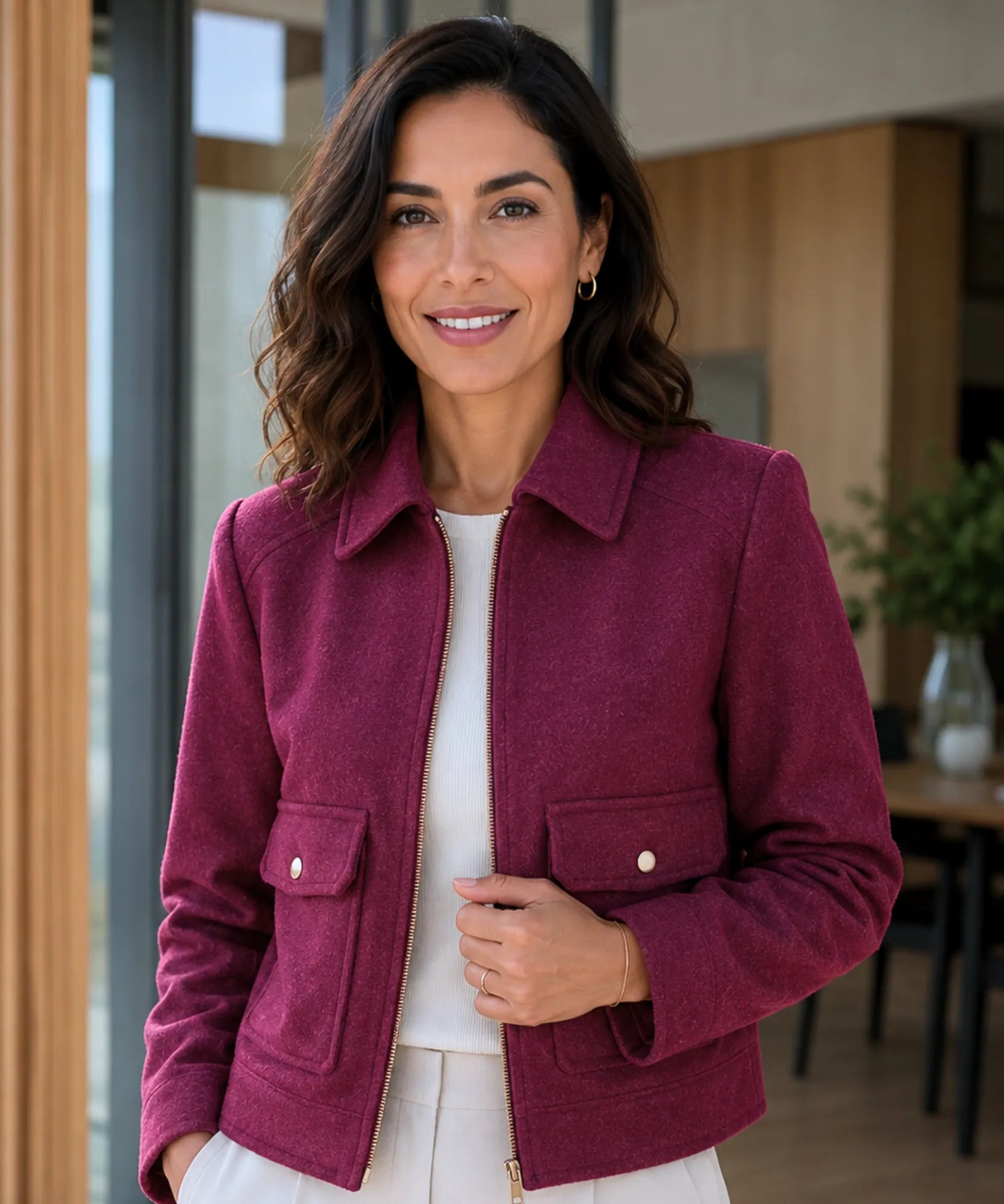 Comprar jaqueta feminina de lã batida com zíper dourado e bolsos frontais estilosos para dias frios com elegância barato em promoção ANELLIMN