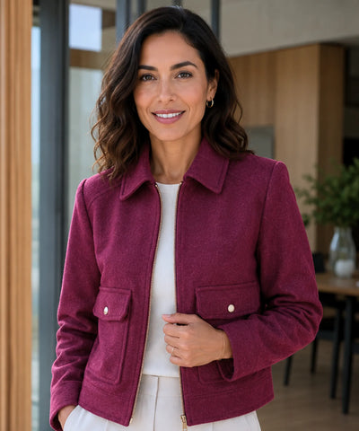 Comprar jaqueta feminina de lã batida com zíper dourado e bolsos frontais estilosos para dias frios com elegância barato em promoção ANELLIMN