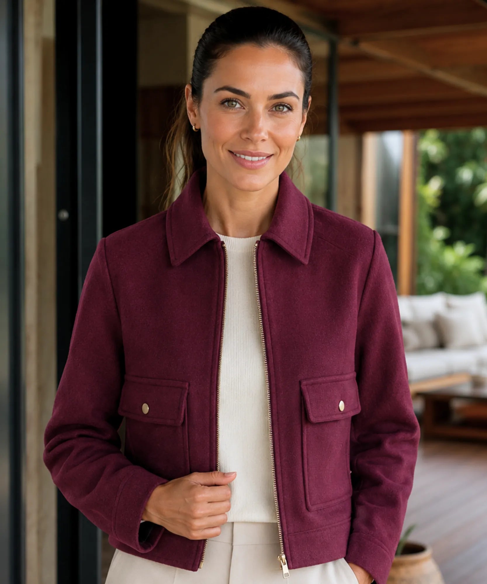Comprar jaqueta feminina de lã batida com zíper dourado e bolsos frontais estilosos para dias frios com elegância barato em promoção ANELLIMN