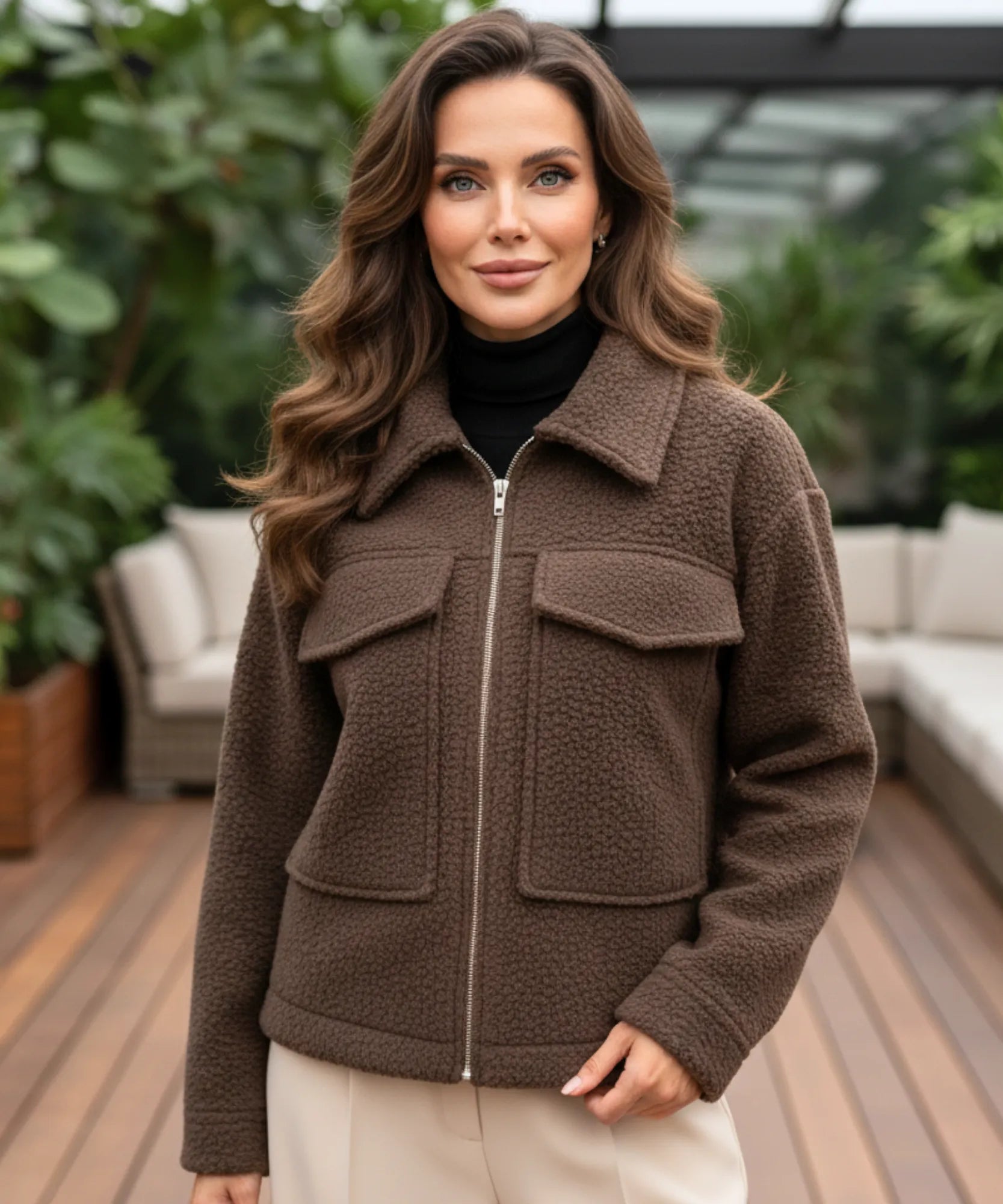 Comprar jaqueta feminina oversized lã bouclê bolsos zíper elegante inverno barato ou em promoção ZARA