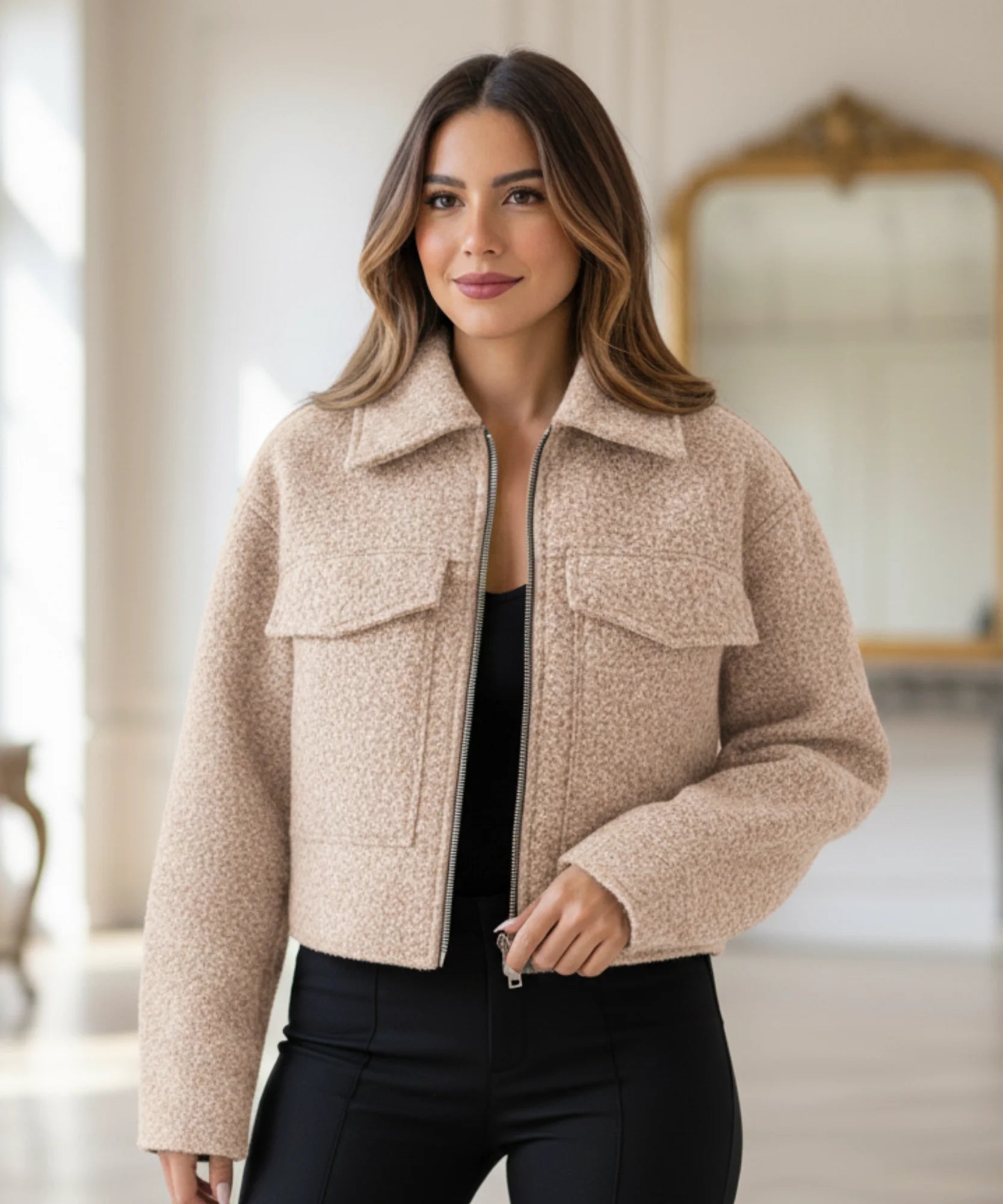 Comprar jaqueta feminina oversized lã bouclê bolsos zíper elegante inverno barato ou em promoção ZARA