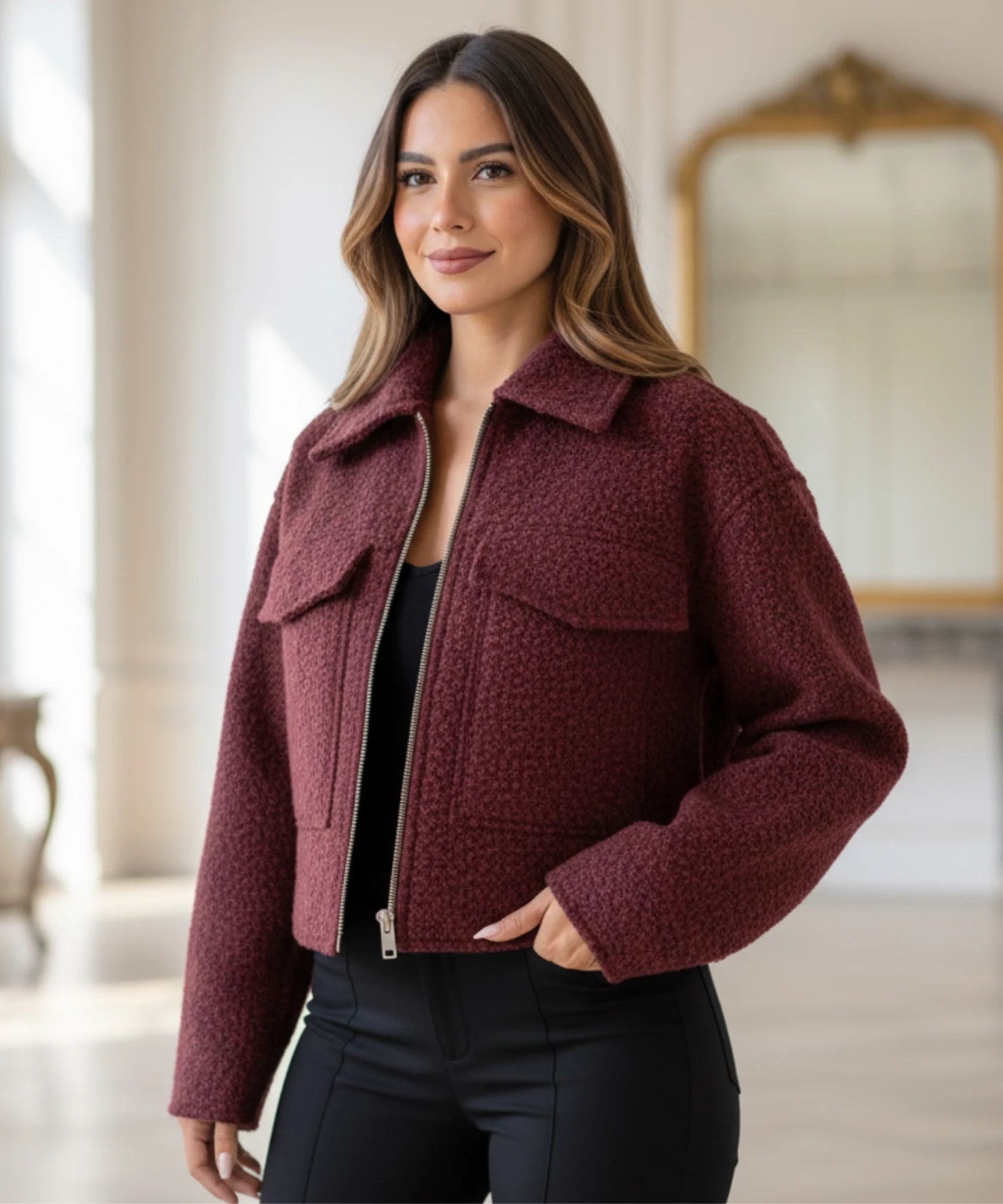 Comprar jaqueta feminina oversized lã bouclê bolsos zíper elegante inverno barato ou em promoção ZARA