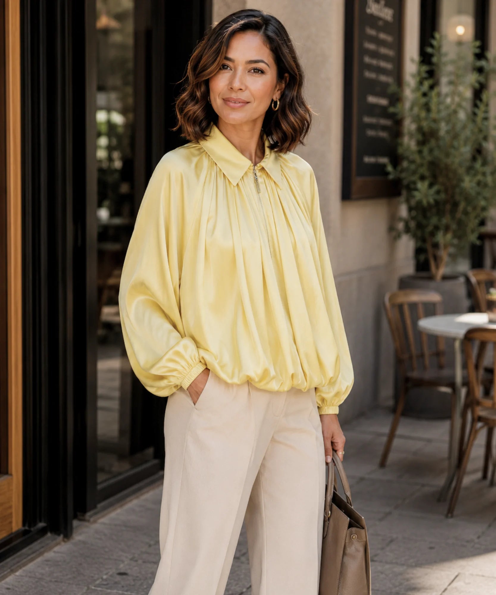 Comprar jaqueta feminina oversized manga bufante franzida zíper dourado acetinada fluida várias cores em promoção ANELLIMN
