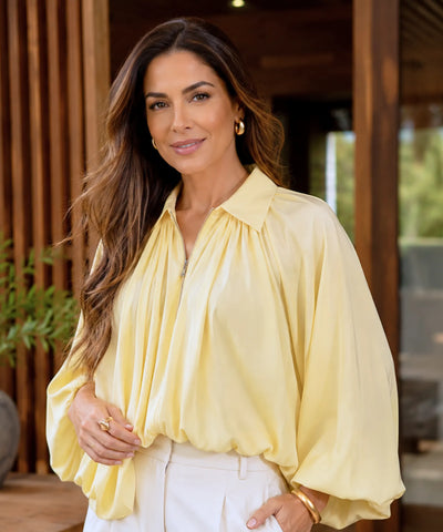 Comprar jaqueta feminina oversized manga bufante franzida zíper dourado acetinada fluida várias cores em promoção ANELLIMN