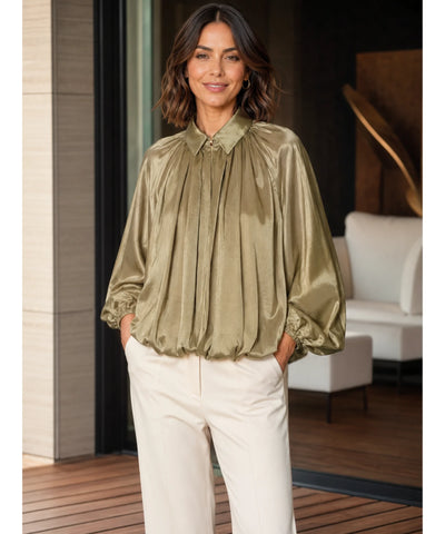 Comprar jaqueta feminina oversized manga bufante franzida zíper dourado acetinada fluida várias cores em promoção ANELLIMN