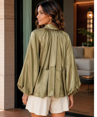 Comprar jaqueta feminina oversized manga bufante franzida zíper dourado acetinada fluida várias cores em promoção ANELLIMN