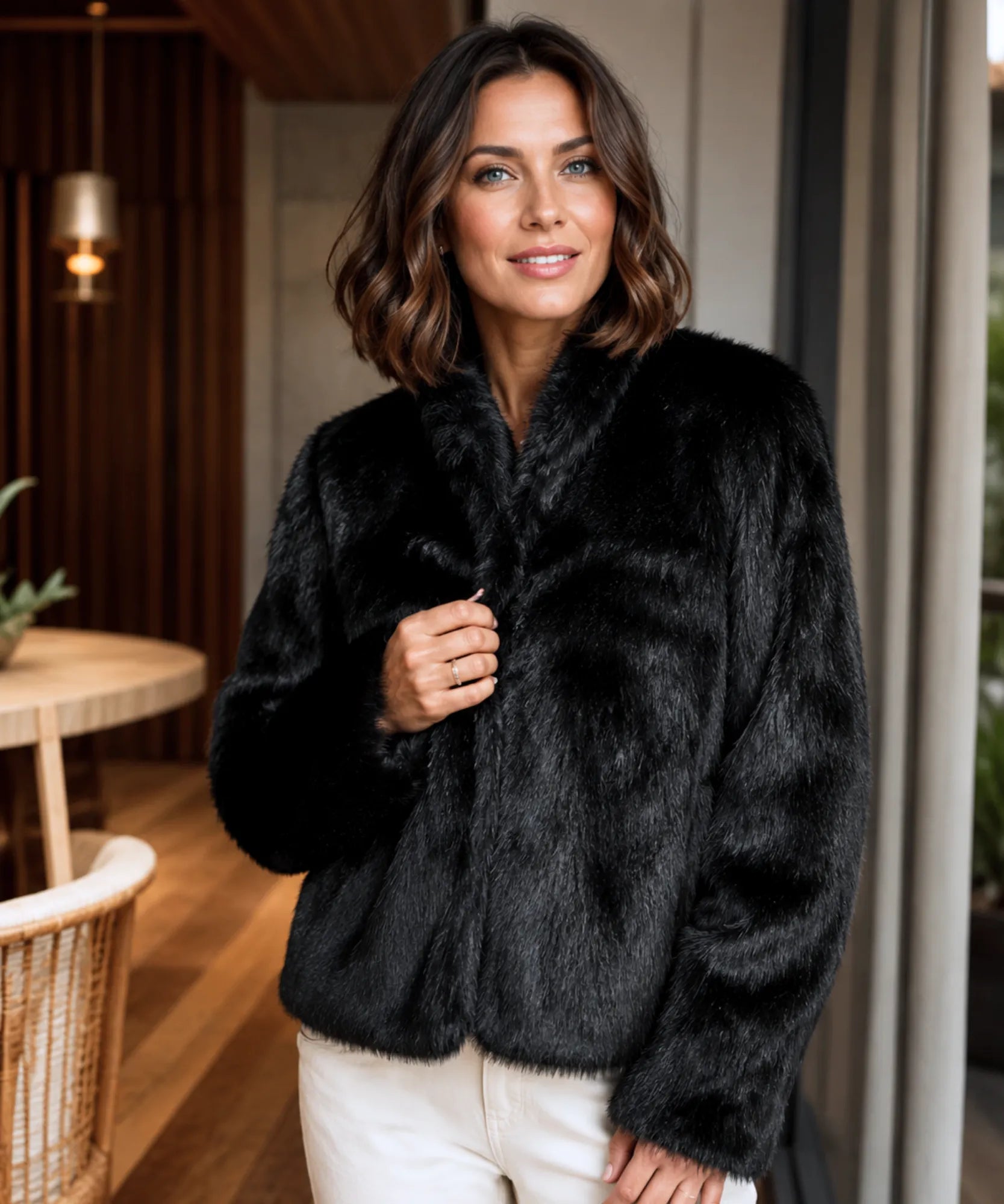 Comprar jaqueta feminina pelo sintético felpudo manga longa casaco felpudo feminino inverno barato promoção Anellimn