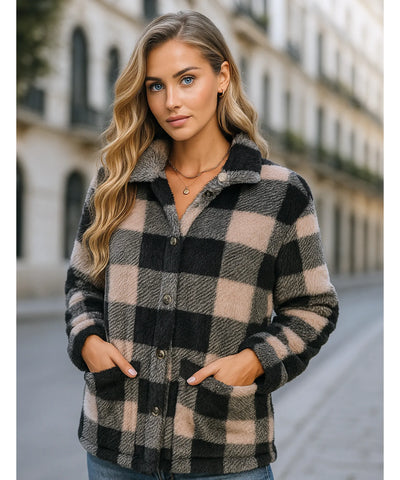 Jaqueta Feminina Teddy Xadrez Pelúcia Conforto Inverno | Lenon