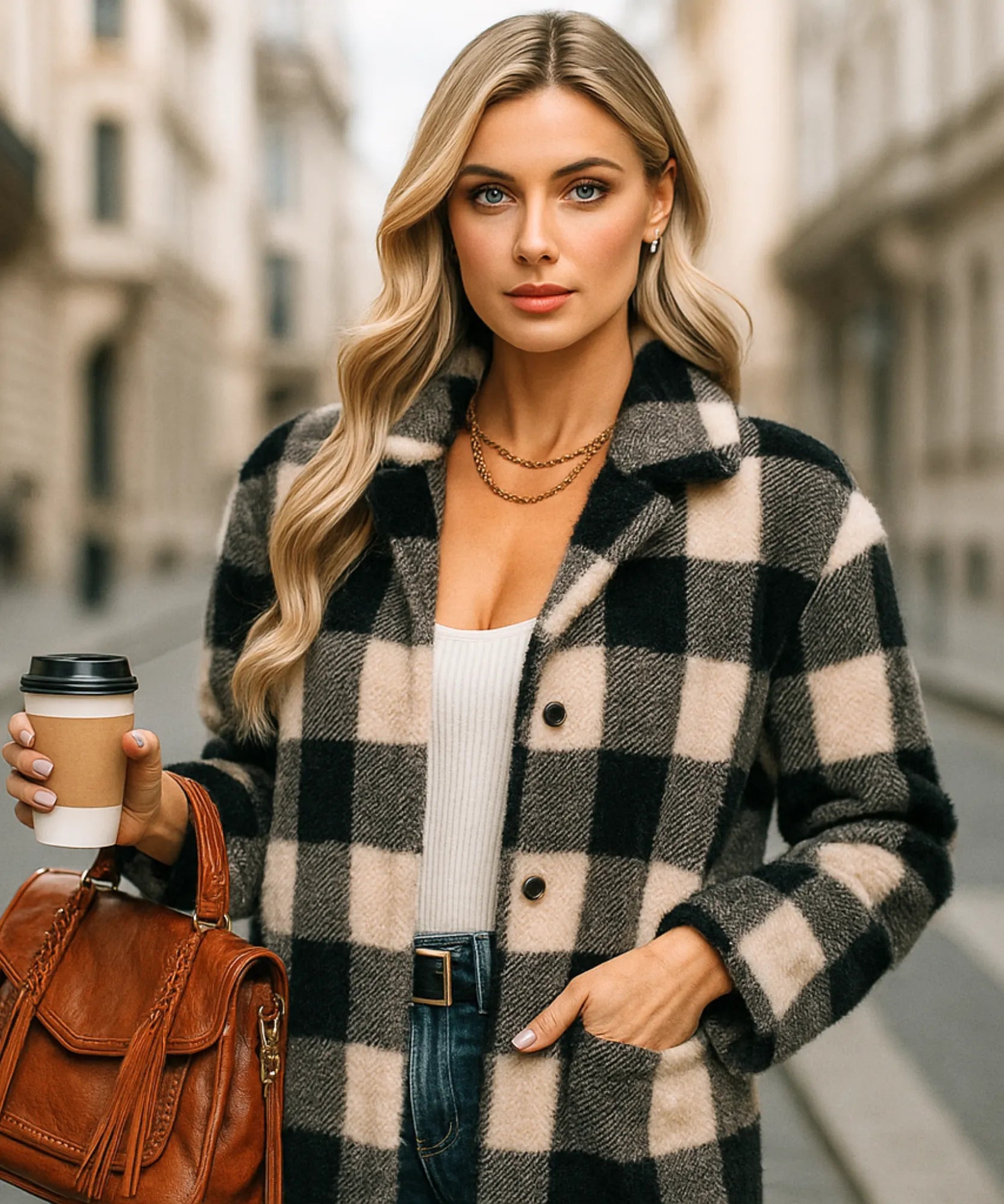 Comprar jaqueta feminina teddy xadrez peluciada quentinha e confortável para o inverno em promoção ZARA


