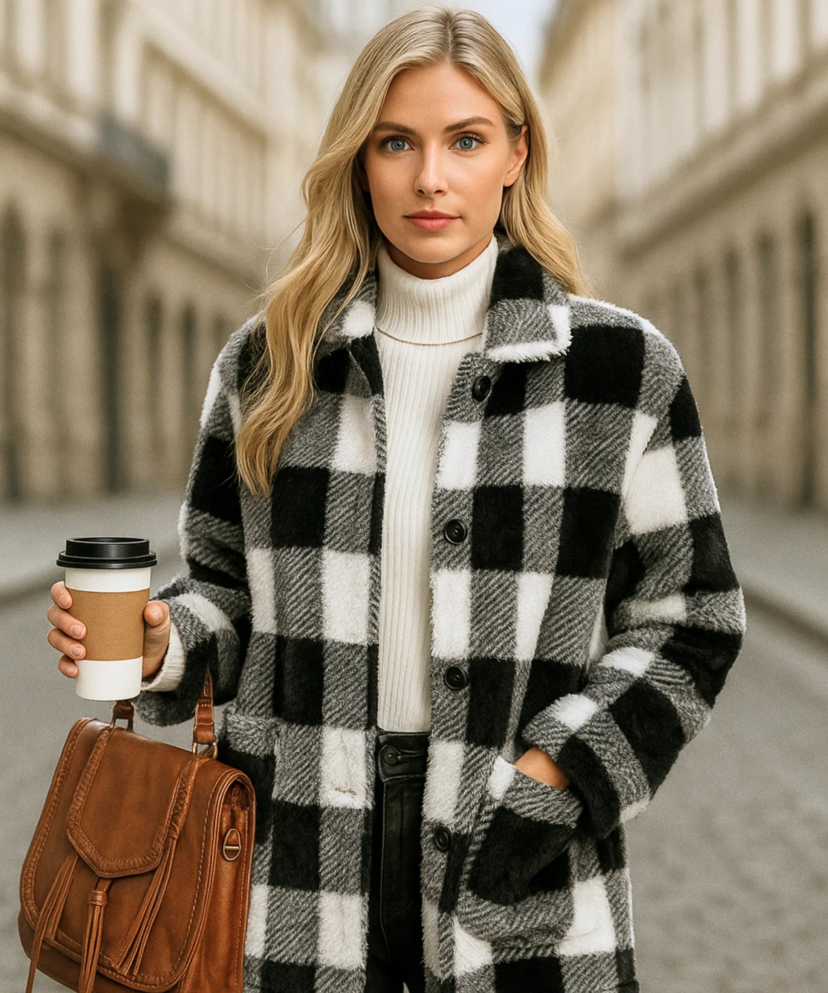 Comprar jaqueta feminina teddy xadrez peluciada quentinha e confortável para o inverno em promoção ZARA

