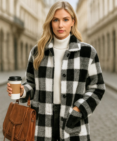 Comprar jaqueta feminina teddy xadrez peluciada quentinha e confortável para o inverno em promoção ZARA

