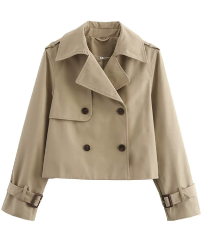 Comprar jaqueta feminina trench coat curta dupla fileira botões punho fivela forro inverno barato em promoção Anellimn