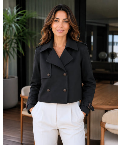Comprar jaqueta feminina trench coat curta dupla fileira botões punho fivela forro inverno barato em promoção Anellimn