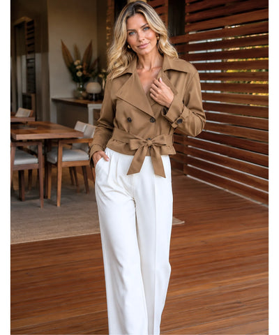 Jaqueta Feminina Trench Coat Curto Cinto Lapela | Emma