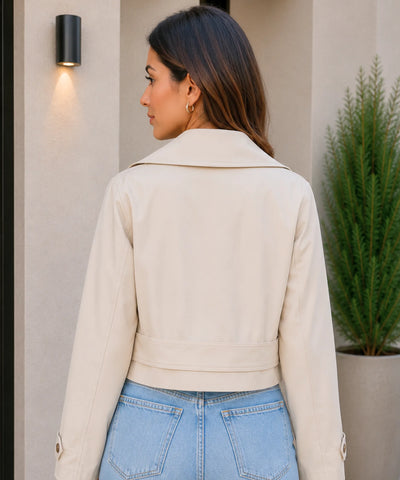 Comprar jaqueta feminina trench coat curto lapela oversized duplo botão cinto forro elegante em promoção