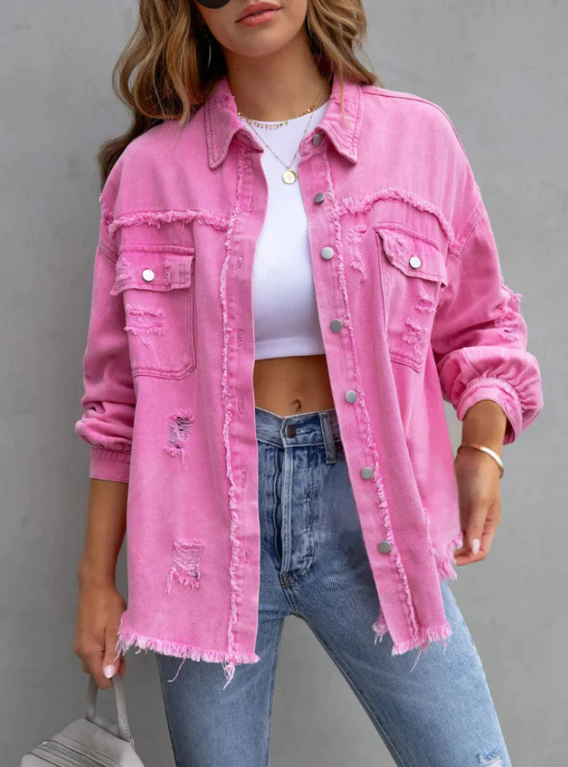 Jaqueta Jeans Feminina Rosa: Moda Oversized com Acabamento Desfiado em Algodão de Alta Qualidade