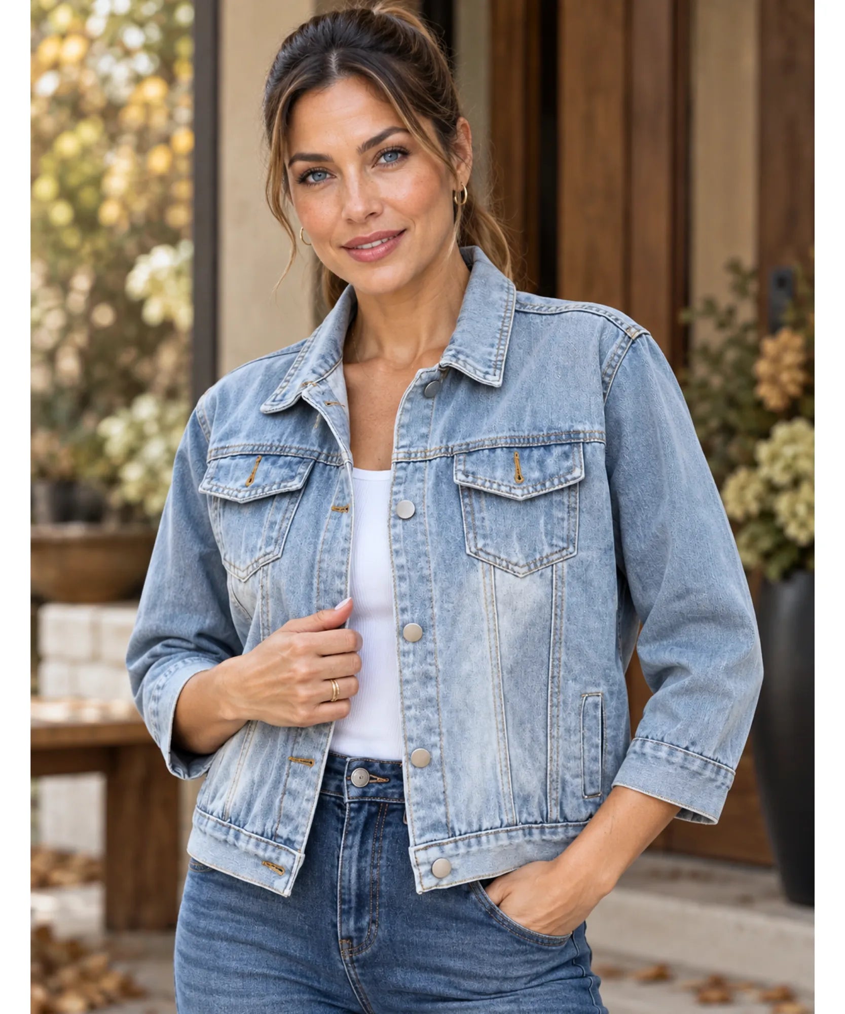 Jaqueta jeans feminina oversized denim premium azul claro, look corpo inteiro