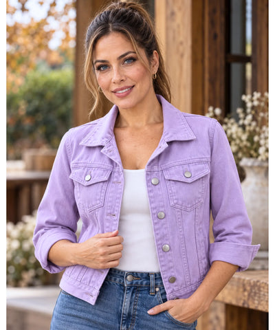 Jaqueta jeans feminina oversized denim premium lilás, ângulo detalhe