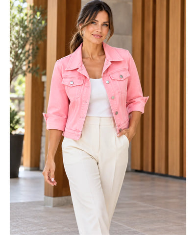 Jaqueta jeans feminina oversized denim premium rosa, look corpo inteiro