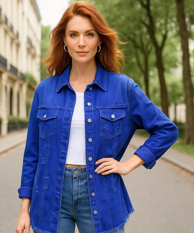Comprar Jaqueta jeans destroyed feminina azul oversized com bolsos e botões em look casual moderno em promoção ZARA
