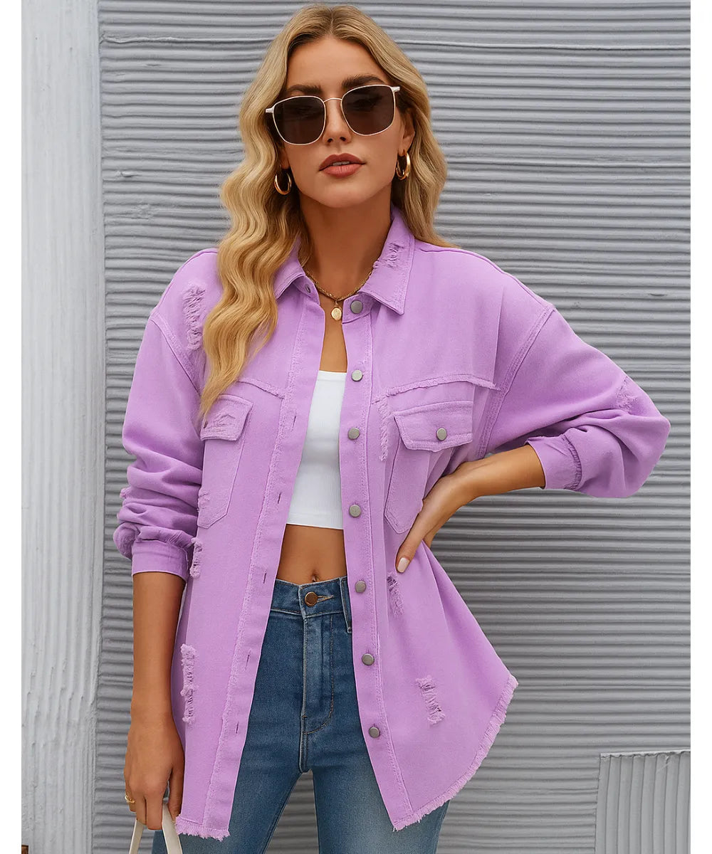 Comprar Jaqueta jeans destroyed feminina lilas oversized com bolsos e botões em look casual moderno em promoção ZARA
