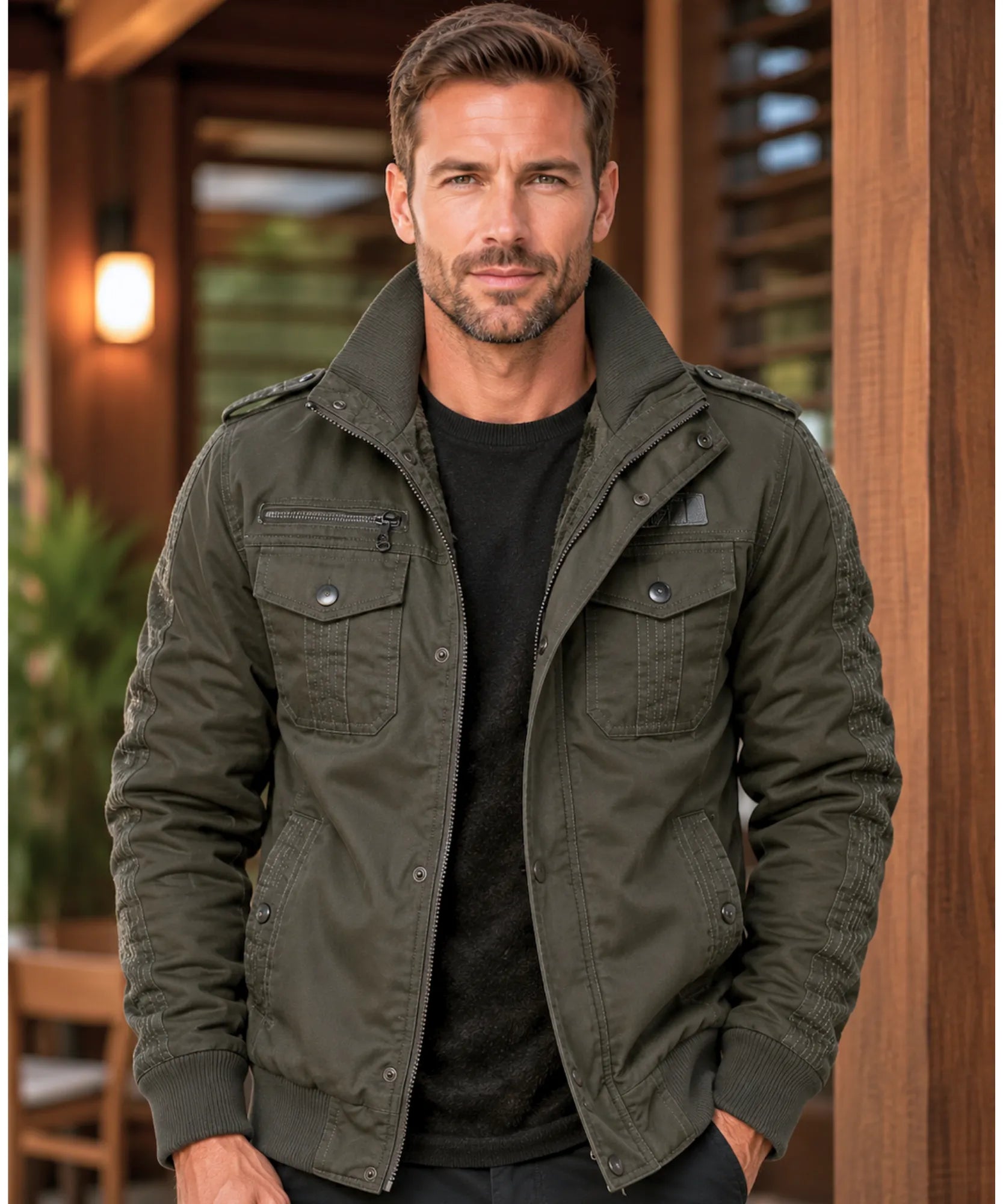 Comprar jaqueta masculina algodão estilo militar bomber gola alta múltiplos bolsos zíper inverno barata em promoção Anellimn