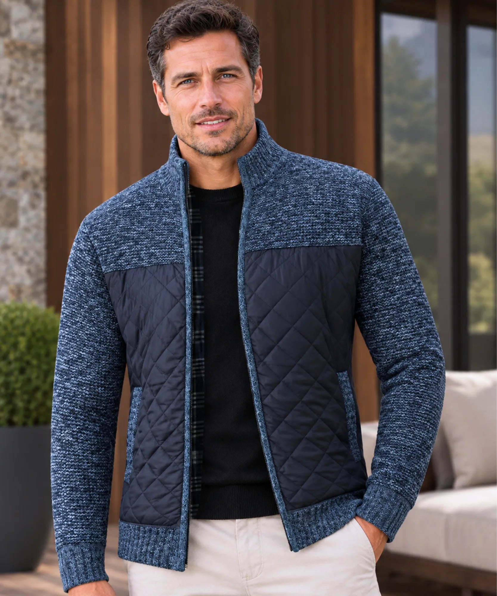 Jaqueta masculina matelassê de tricot azul mescla com forro acolchoado e zíper, vista de frente na modelo — cor Azul | Won Anellimn