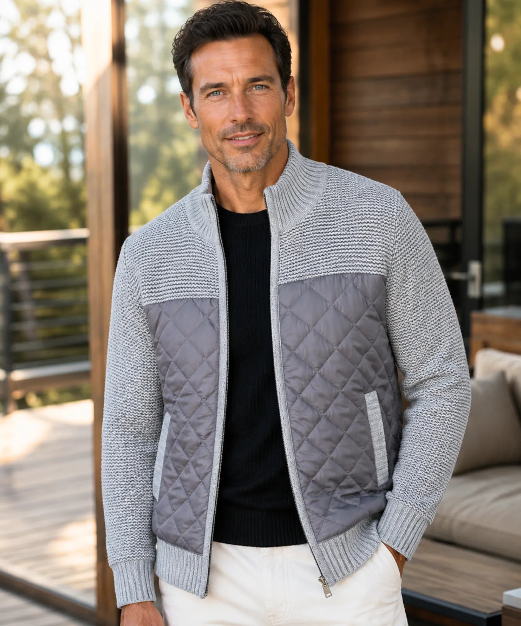 Jaqueta masculina matelassê de tricot cinza claro com forro acolchoado, vista de frente — cor Cinza Claro | Won Anellimn