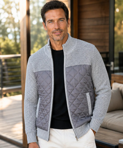 Jaqueta masculina matelassê de tricot cinza claro com forro acolchoado, vista de frente — cor Cinza Claro | Won Anellimn
