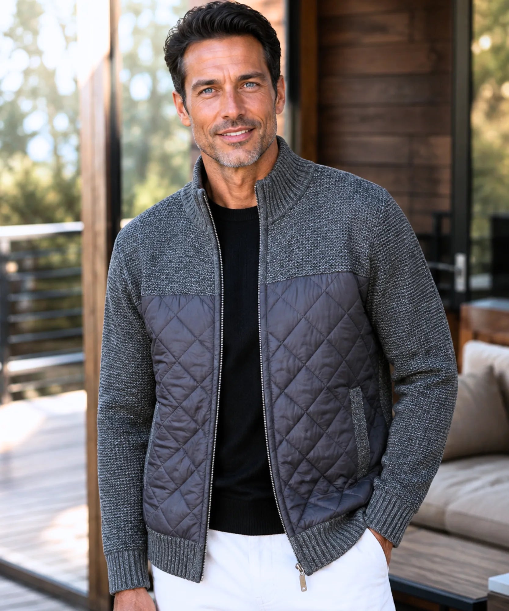Jaqueta masculina matelassê de tricot cinza escuro com peito acolchoado e punhos canelados — cor Cinza Escuro | Won Anellimn