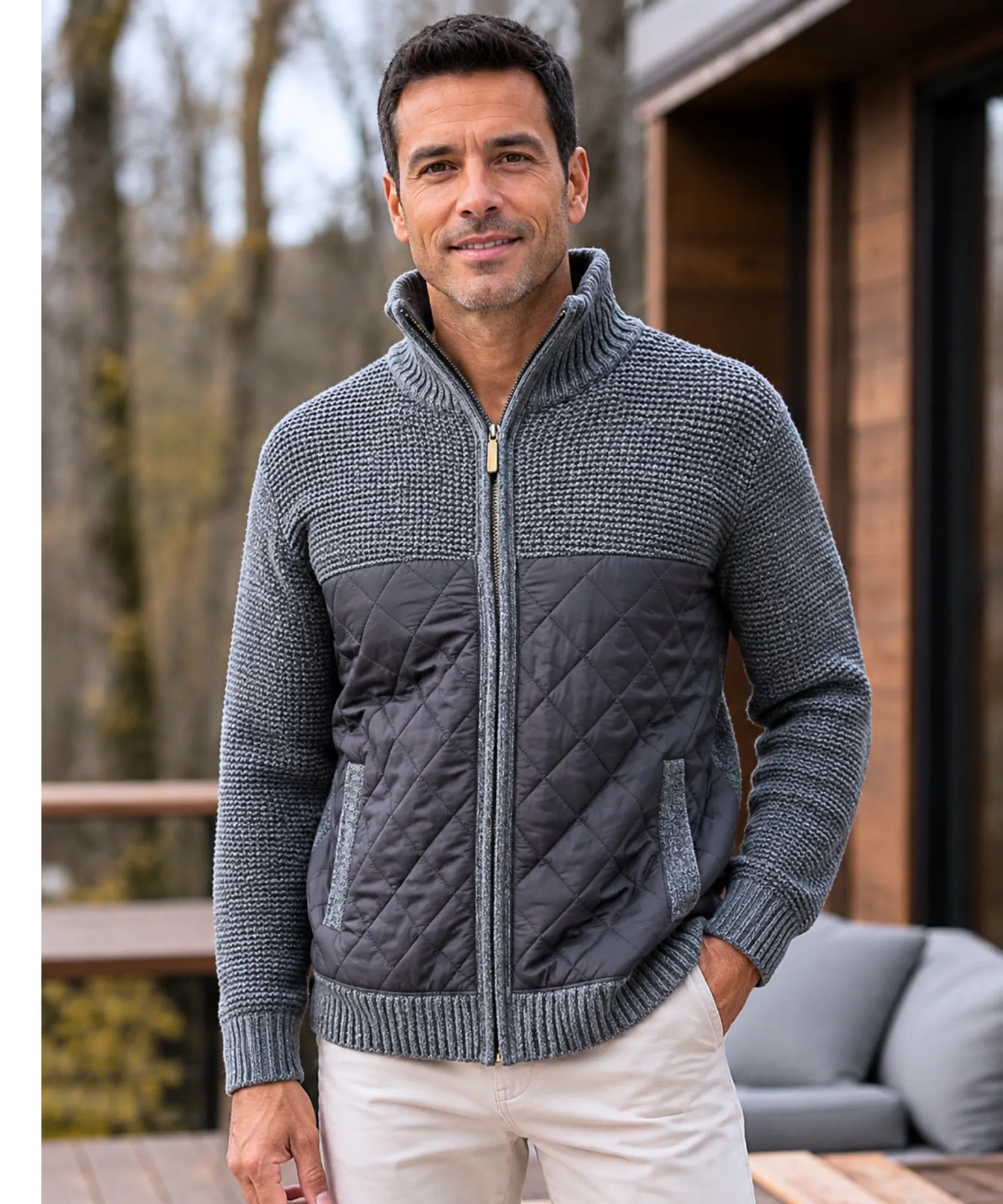 Jaqueta masculina matelassê de tricot cinza escuro com zíper aberto, mostrando bolsos frontais e barra canelada | Won Anellimn